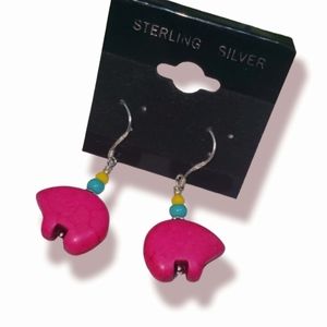 Tribal bears drop earrings sterling silver 925' bright pink